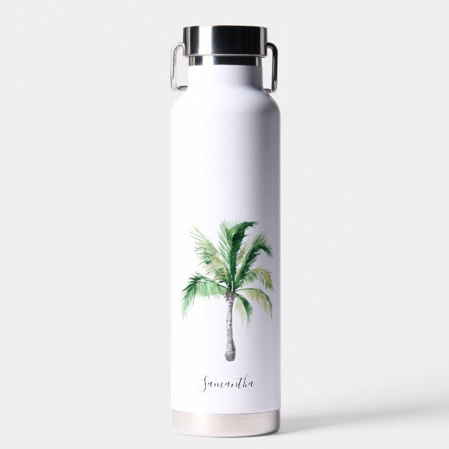 Modern Palm Tree Monogram Personalized Water Bottle (Front)