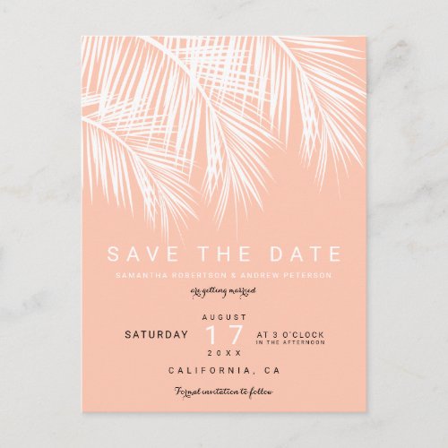 Modern palm tree peach salmon save the date announcement postcard