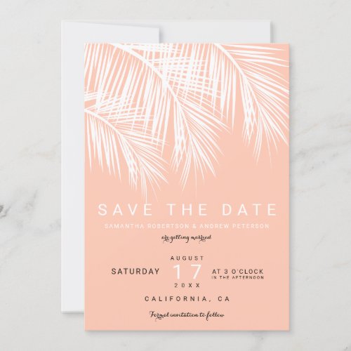 Modern palm tree peach salmon save the date invitation