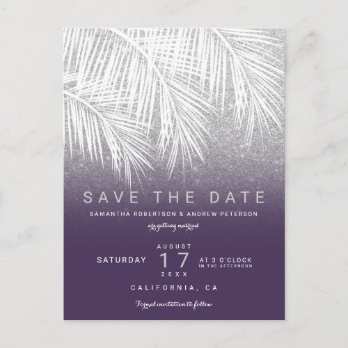 Modern palm tree silver purple save the date announcement postcard