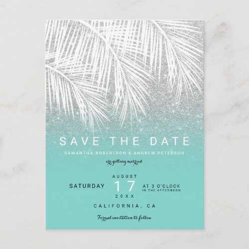 Modern palm tree silver turquoise save the date announcement postcard