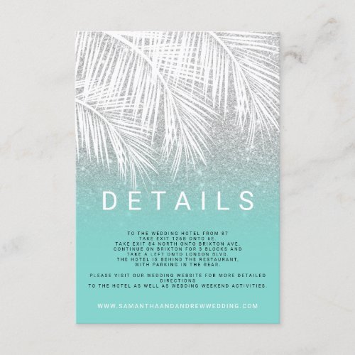 Modern palm tree silver turquoise wedding details enclosure card