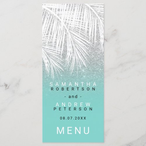 Modern palm tree silver turquoise wedding menu