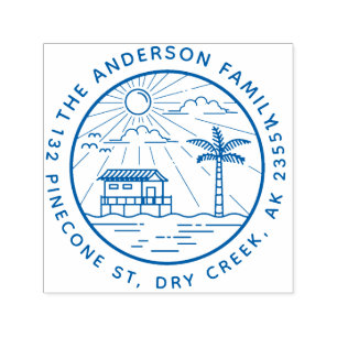 Modern Palm Tree & Sun Round Family Name Address Self-inking Stamp