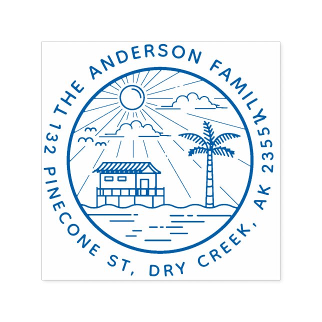 Modern Palm Tree & Sun Round Family Name Address Self-inking Stamp (Design)
