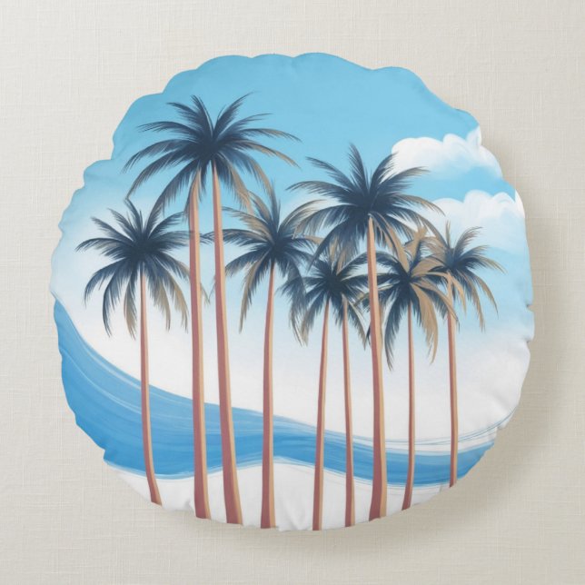 Modern Palm Trees Blue White Outdoor Round Pillow (Front)