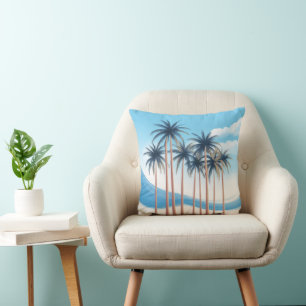 Modern Palm Trees Blue White Outdoor Throw Pillow