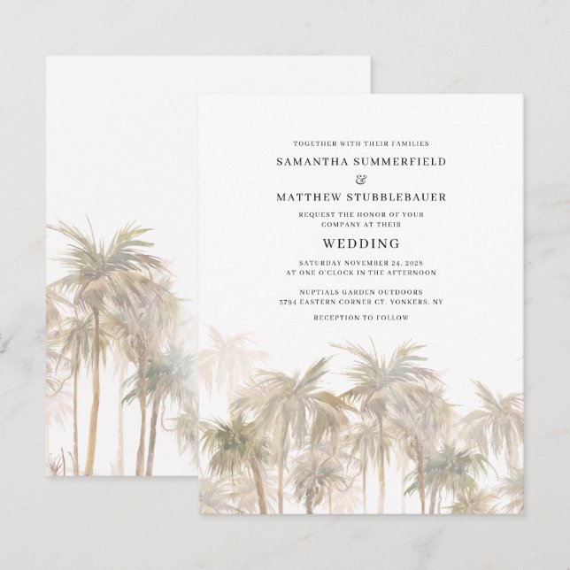 Modern Palm Trees Coastal Watercolor Wedding Invitation (Front/Back)