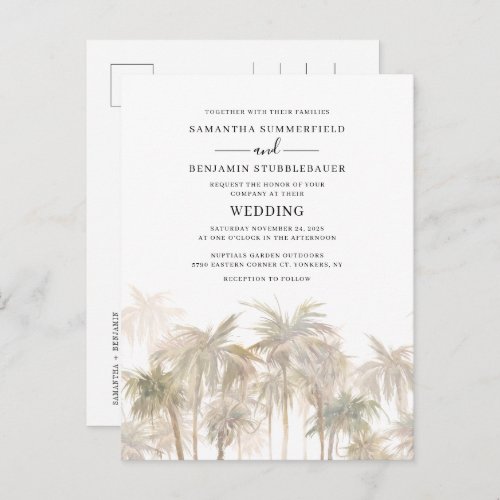 Modern Palm Trees Coastal Wedding Invitation Postcard