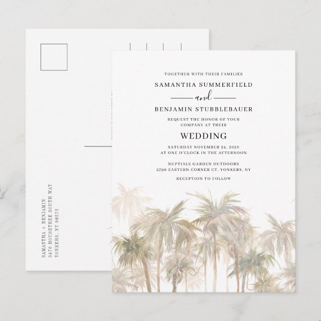 Modern Palm Trees Coastal Wedding Invitation Postcard (Front/Back)