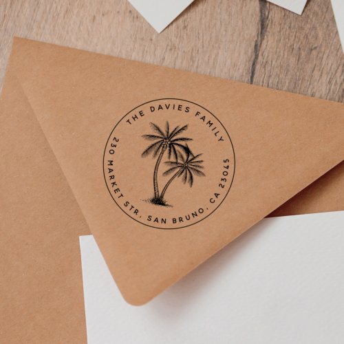 Modern Palm Trees Family Name Round Return Address Rubber Stamp
