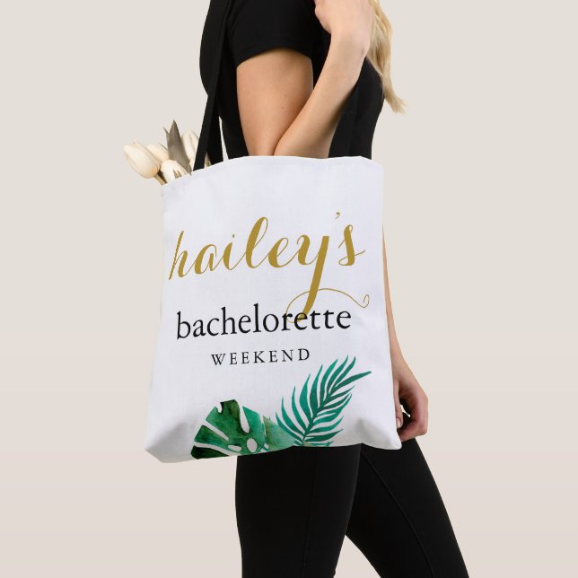 Modern Palms Bachelorette Weekend with Name Tote Bag (Close Up)