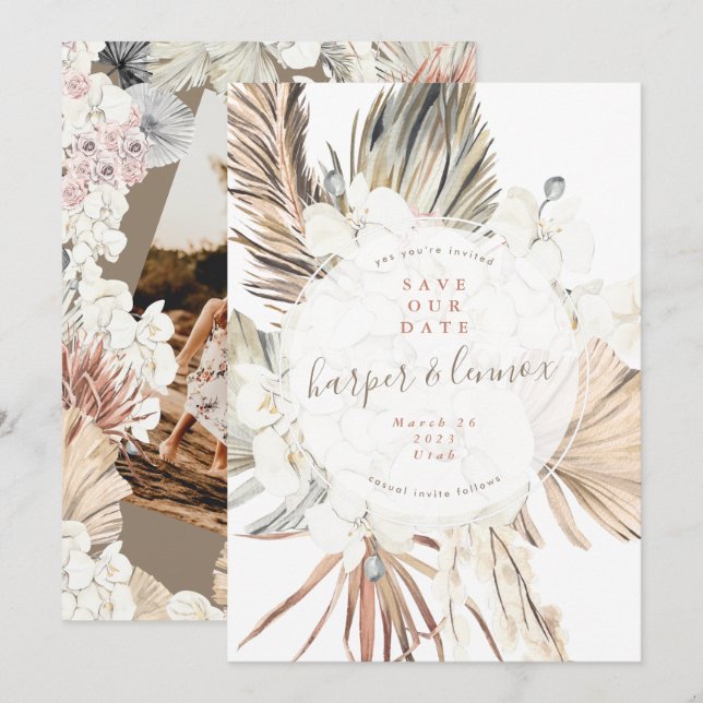 Modern Pampas Boho Beach Summer Arch Save The Date (Front/Back)