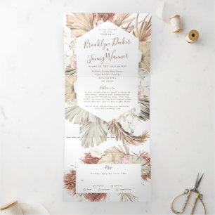 Modern Pampas Boho Desert Wedding Tri-Fold Invitation