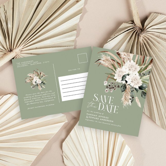Modern pampas eucalyptus sage green elegant  announcement postcard (Creator Uploaded)