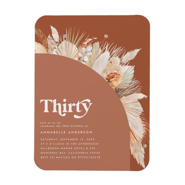 Modern pampas grass 30th birthday terracotta magnet (Vertical)