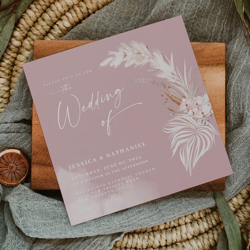 Modern Pampas Grass Blush Rose Boho Floral Magnetic Invitation