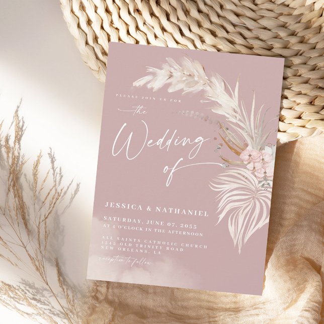 Modern Pampas Grass Blush Rose Floral Boho Wedding Invitation (Creator Uploaded)