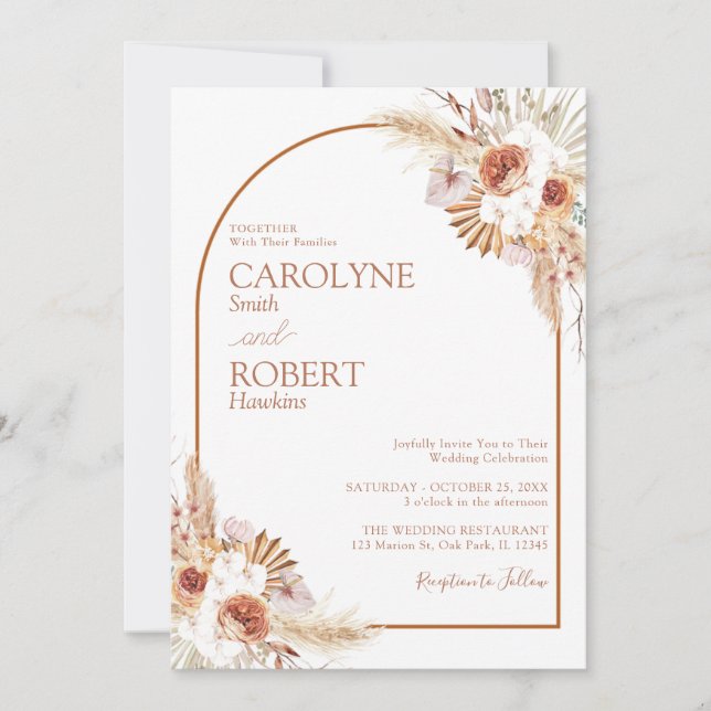 Modern Pampas Grass Bohemian Terracotta Wedding In Invitation (Front)