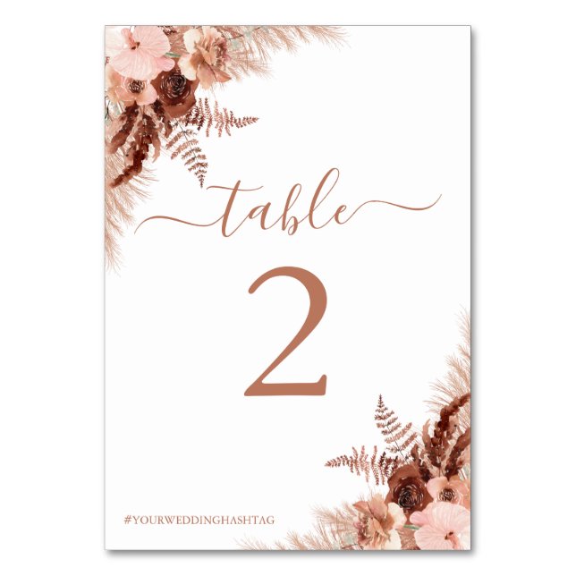 Modern Pampas Grass Bohemian Terracotta Wedding Table Number (Front)