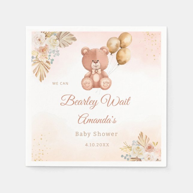 Modern Pampas Grass Boho Teddy Bear Baby Shower Napkins (Front)