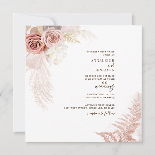 Modern Pampas Grass Dried Palms Terracotta Wedding Invitation