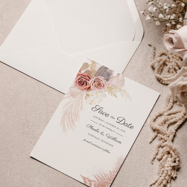 Modern Pampas Grass Floral Script Save The Date (Creator Uploaded)