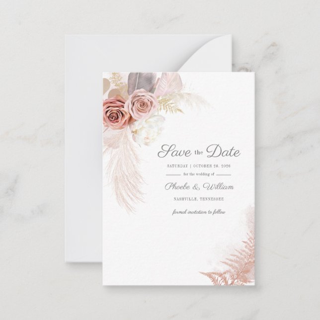 Modern Pampas Grass Floral Script Save The Date Note Card (Front)