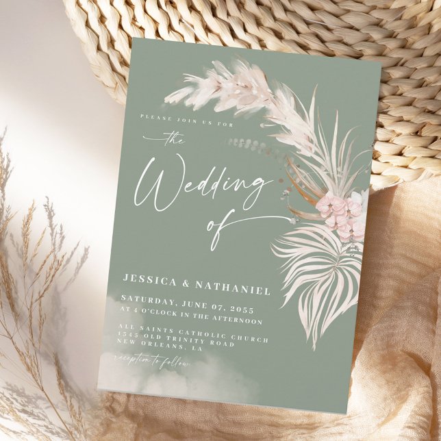 Modern Pampas Grass Sage Green Floral Boho Wedding Invitation (Creator Uploaded)