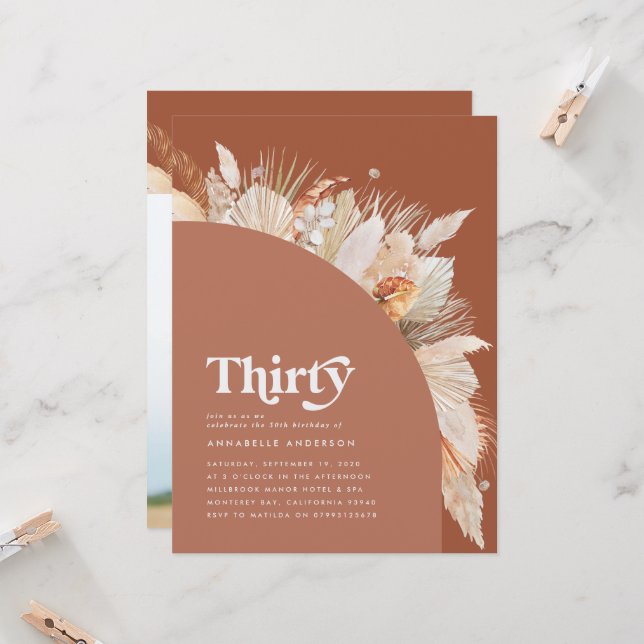 Modern pampas grass terracotta 30 birthday photo (Front/Back In Situ)