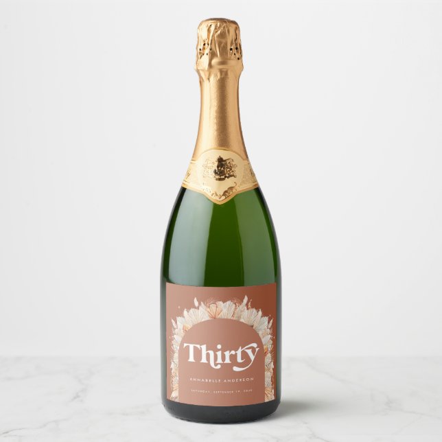 Modern pampas grass terracotta 30th birthday sparkling wine label (Front)
