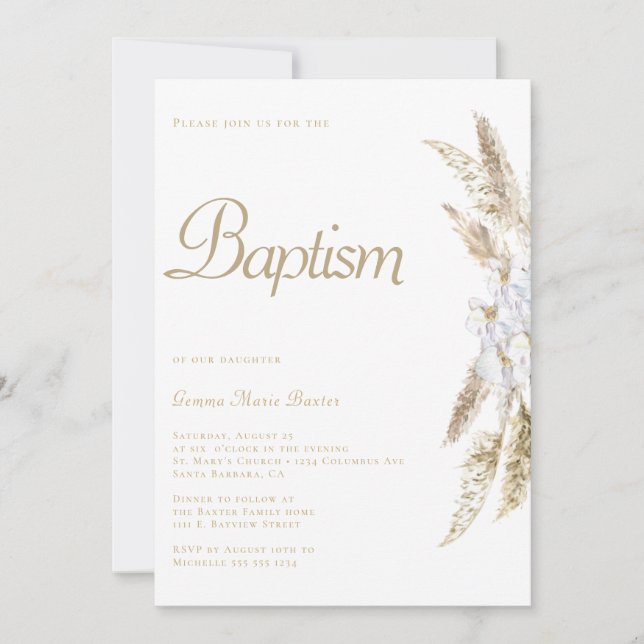 Modern Pampas Grass White Gold Baptism Invitation (Front)