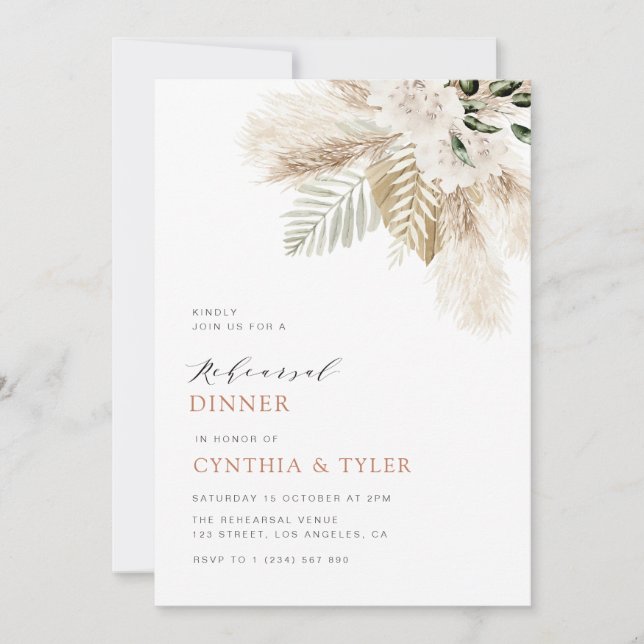 modern pampas greenery boho floral rehearsal invitation (Front)
