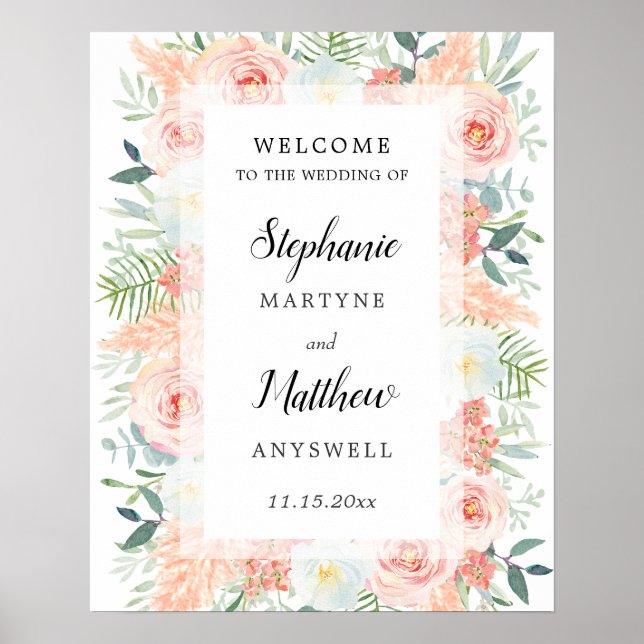 Modern Pampas Roses Floral Watercolor Wedding Poster (Front)