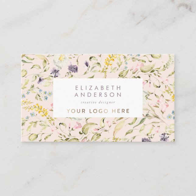 Modern Pampas Spring Wildflowers Logo Cream Business Card (Front)