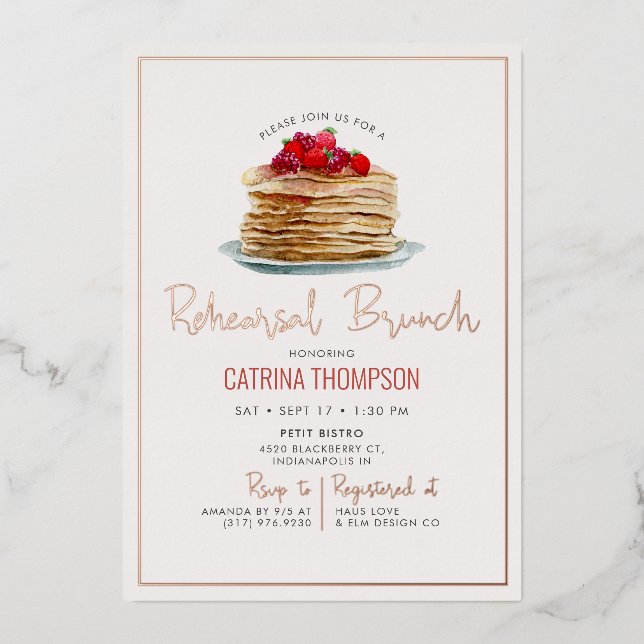 Modern Pancakes Rehearsal Brunch  Rose Gold Foil Invitation (Front)
