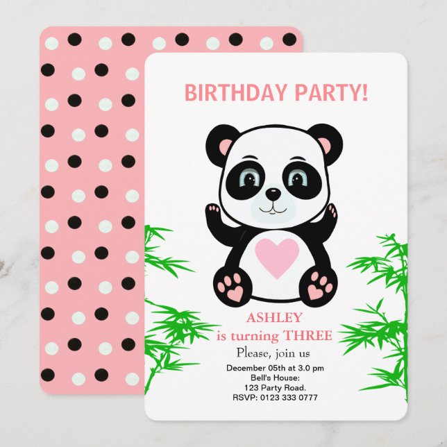Modern Panda Bear Kids Birthday Invitation (Front/Back)