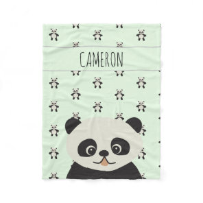 Modern Panda Bear pattern baby name green Fleece Blanket