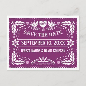 Modern Papel Picado Purple Wedding Save The Date Announcement Postcard by weddings_ at Zazzle