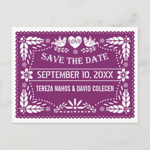 Modern Papel picado purple wedding Save the Date Announcement Postcard
