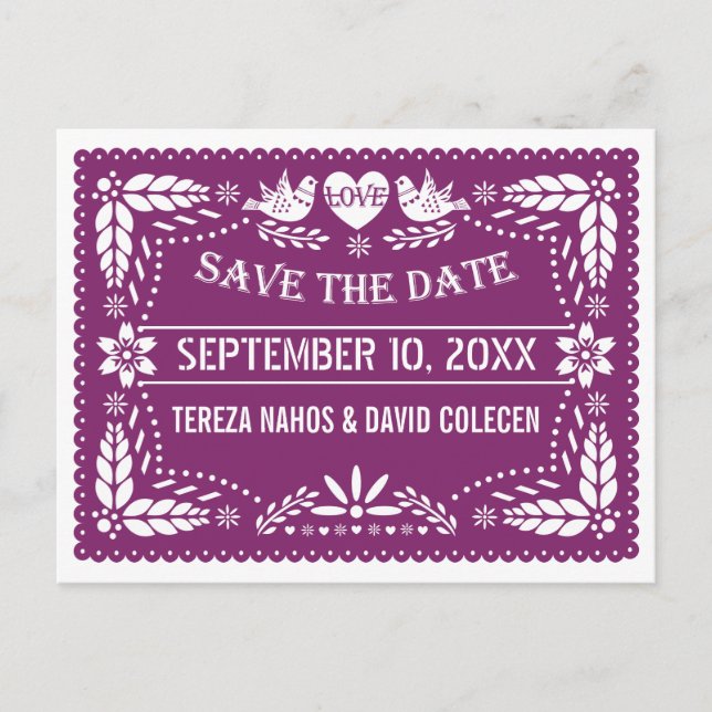 Modern Papel picado purple wedding Save the Date Announcement Postcard (Front)