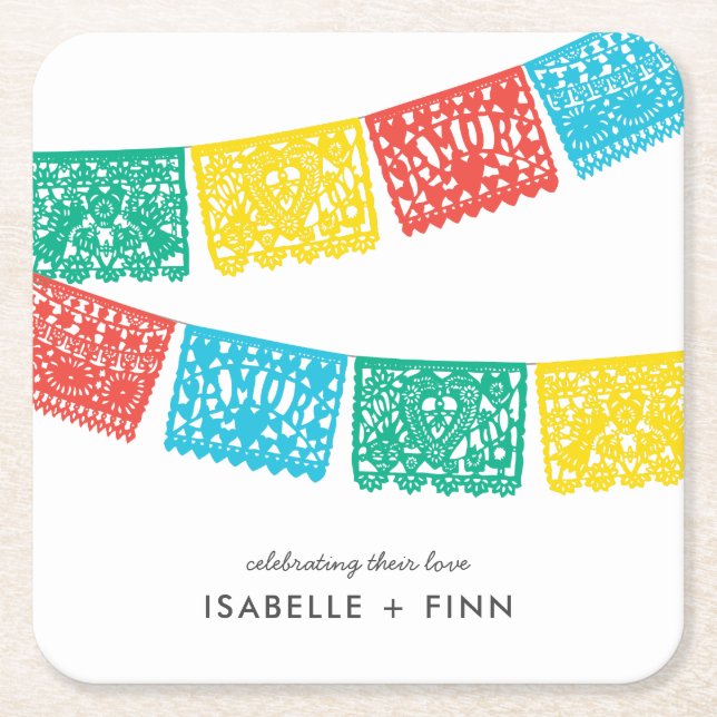 Modern Papel Picado | Wedding Bridal Shower Square Paper Coaster (Front)