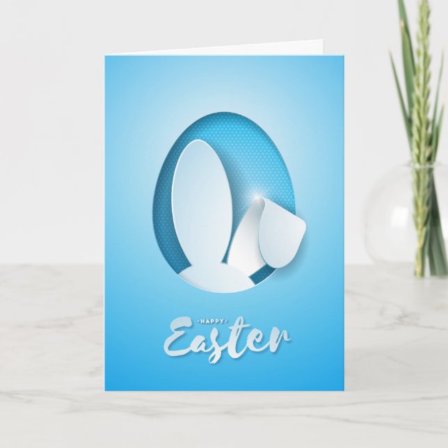 Modern paper cut Easter bunny ear, blue Holiday Card (Front)
