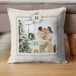 Modern Parchment   Family Photo   Initial Throw Pillow