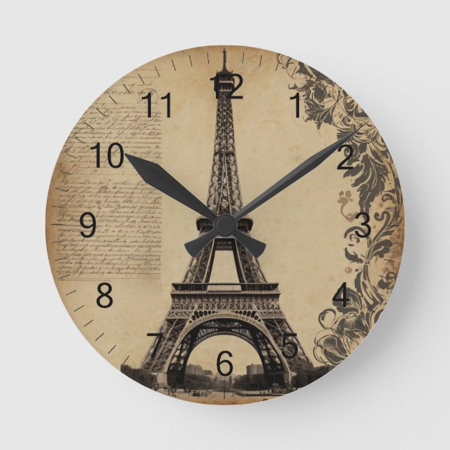 Modern Paris Eiffel Tower France Vintage Round Clock (Front)