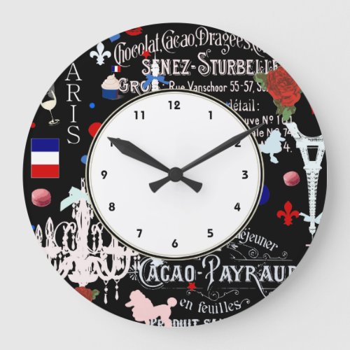 Modern Paris French black collage Large Clock