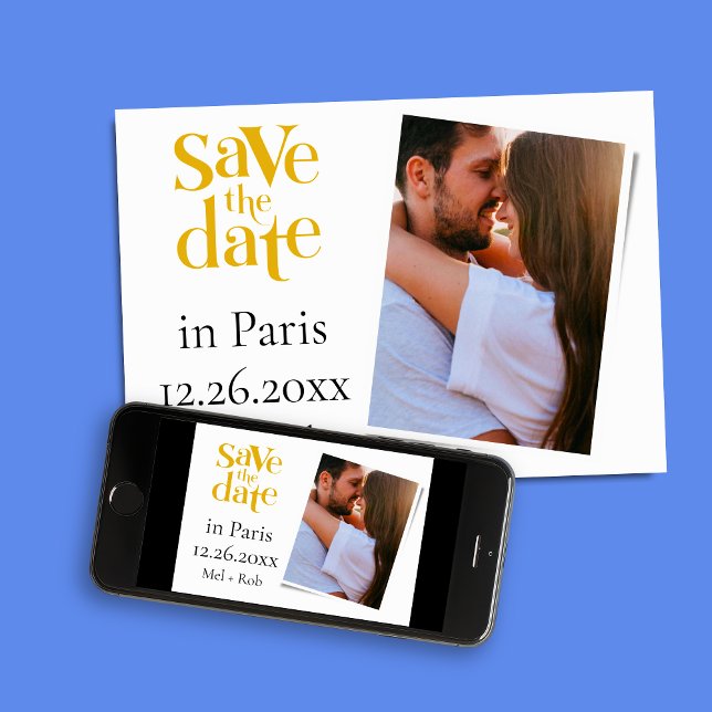 Modern Paris Gold Unique Photo Save The Date Invitation (Photo Save The Date Announcement Cards)