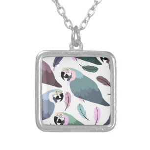 Modern Parrots Tropical Pattern  Silver Plated Necklace