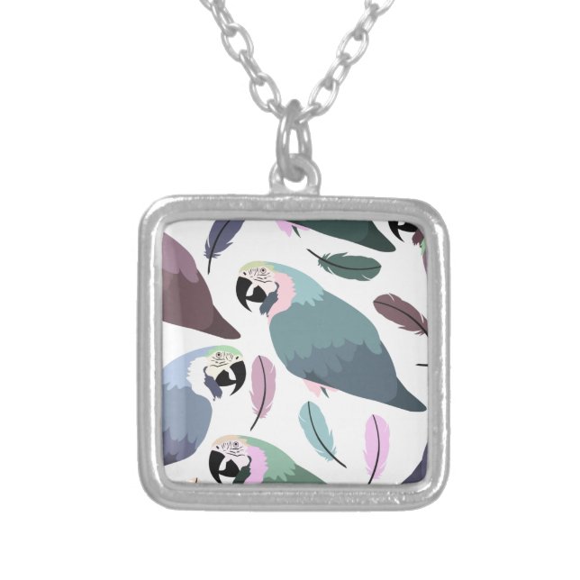 Modern Parrots Tropical Pattern  Silver Plated Necklace (Front)