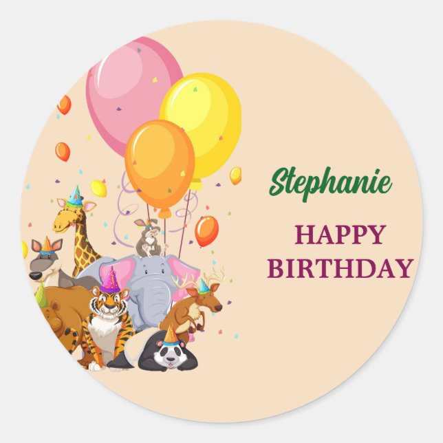Modern Party Animals Rainbow Color Birthday  Classic Round Sticker (Front)